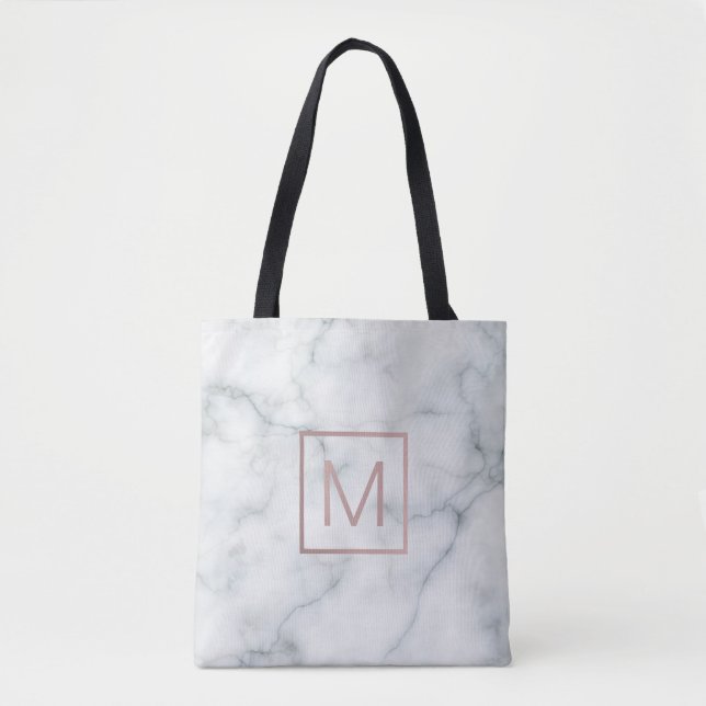 elegant rose gold monogram on white marble stone tote bag (Front)