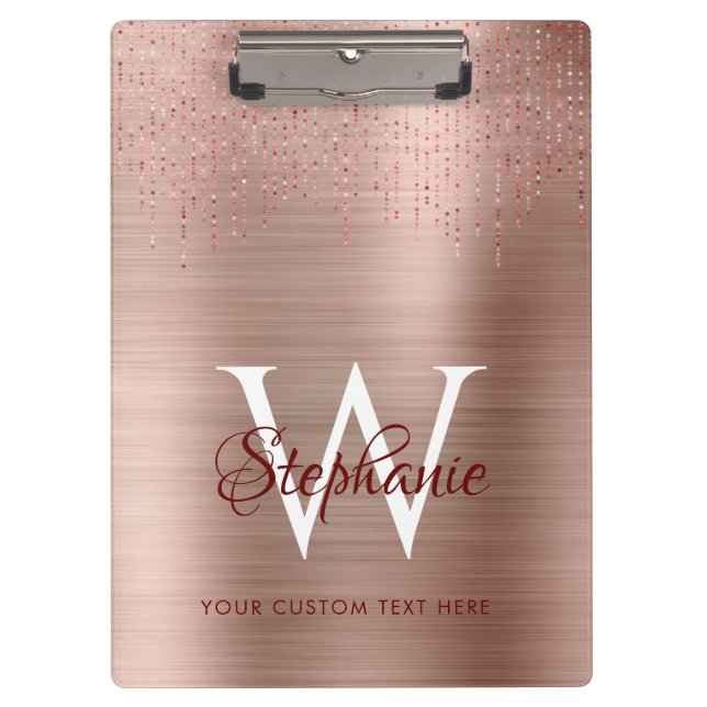 Elegant Rose Gold Monogram Sparkle Clipboard (Front)