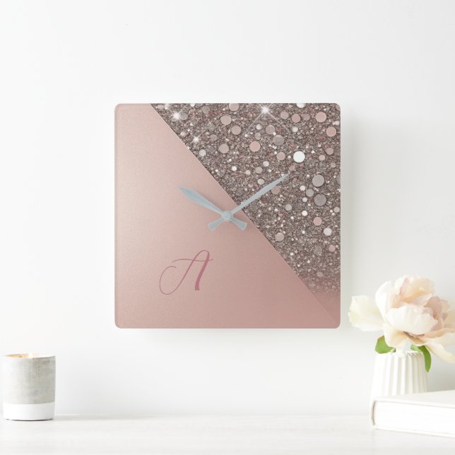 Elegant Rose Gold Monogram Square Wall Clock (Home)