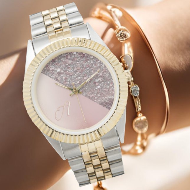 Elegant Rose Gold Monogram Watch (Elegant rose gold monogram watch with glitter detail, personalized with your first initial.)