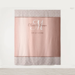 Elegant Rose Gold Monogram Wedding Backdrop Tapestry
