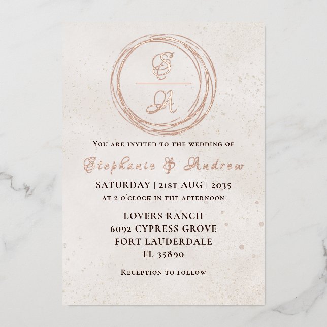 Elegant Rose Gold Monogram Wedding  Foil Invitatio (Front)