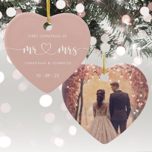 Elegant Rose Gold Mr and Mrs Wedding Photo Ceramic Ornament