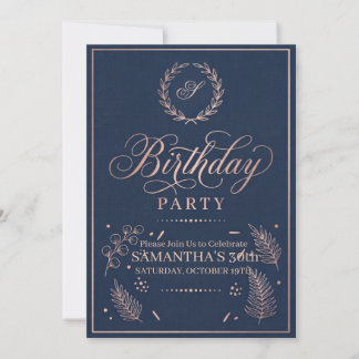 Elegant Rose Gold & Navy Blue Birthday Party Invitation