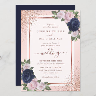 Elegant Rose Gold Navy Blue Blush Floral Wedding Invitation