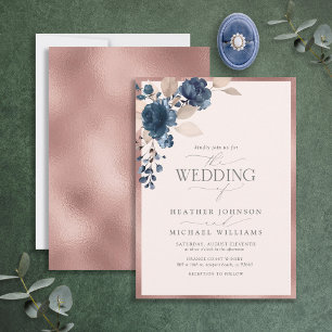 Elegant Rose Gold Navy Blue Blush Pink Floral Invitation