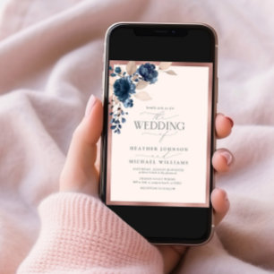 Elegant Rose Gold Navy Blue Blush Pink Floral Invitation