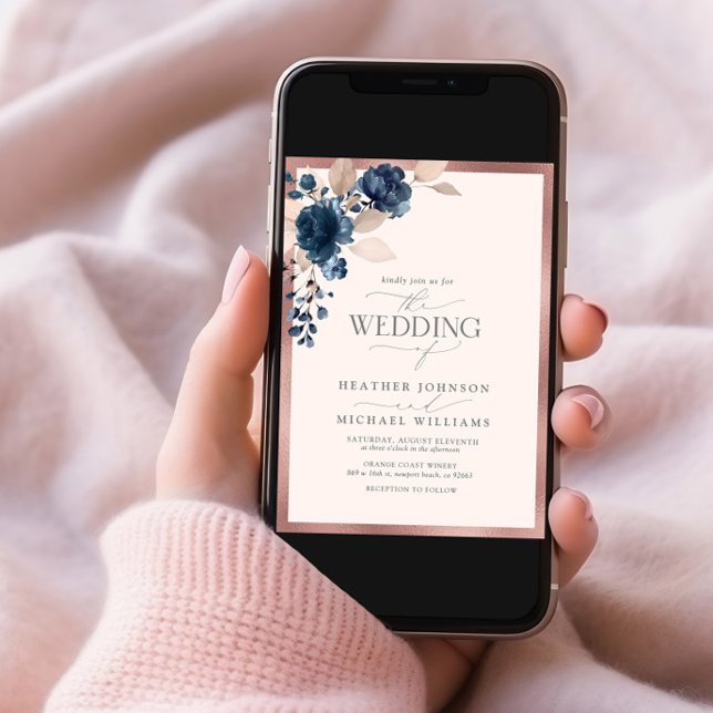 Elegant Rose Gold Navy Blue Blush Pink Floral Invitation (Creator Uploaded)