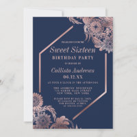Elegant Rose Gold Navy Blue Floral Frame Sweet 16