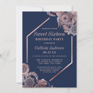 Elegant Rose Gold Navy Blue Floral Frame Sweet 16 Invitation