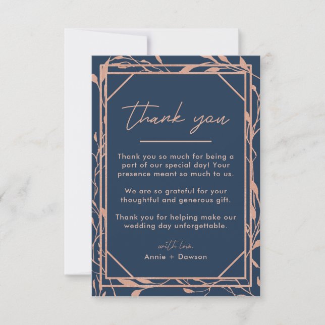 Elegant Rose Gold & Navy Blue Floral Wedding Thank You Card (Front)