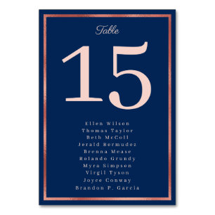 Elegant Rose Gold Navy Luxurious Wedding Table Number