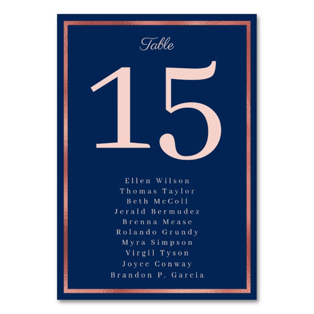 Elegant Rose Gold Navy Luxurious Wedding Table Number (Front)