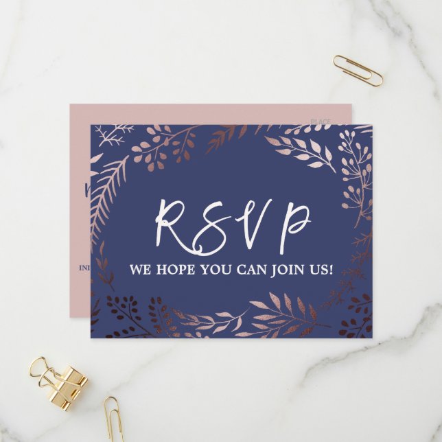 Elegant Rose Gold & Navy Menu Choice RSVP Postcard (Front/Back In Situ)