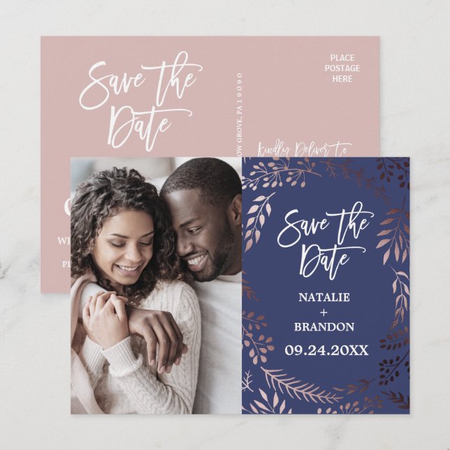 Elegant Rose Gold | Navy Photo Save the Date Announcement Postcard (Front/Back)