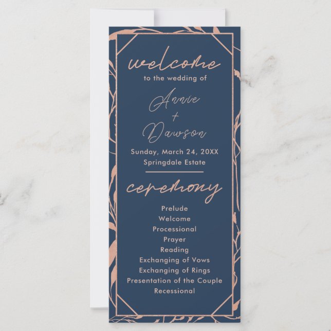 Elegant Rose Gold & Navy Wedding Program (Front)