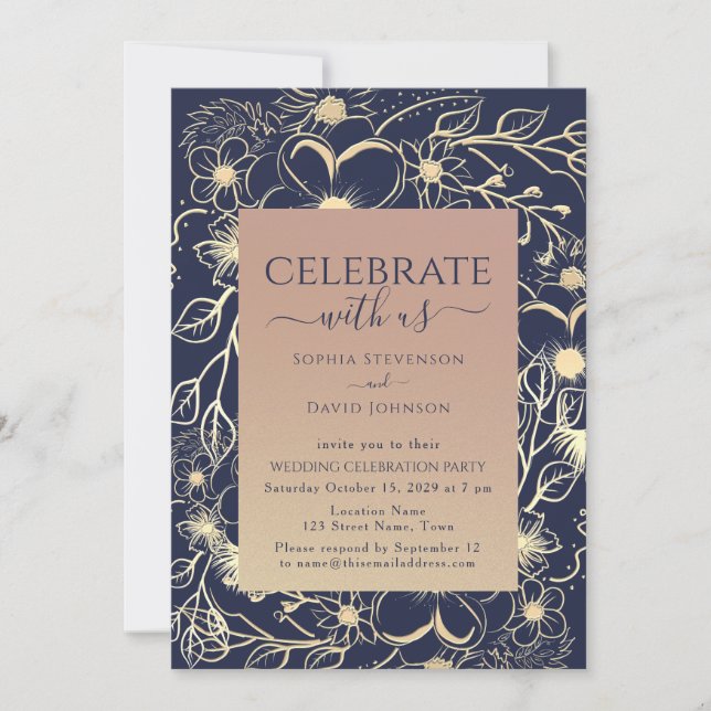Elegant Rose Gold Navy Wedding Reception Invitation (Front)