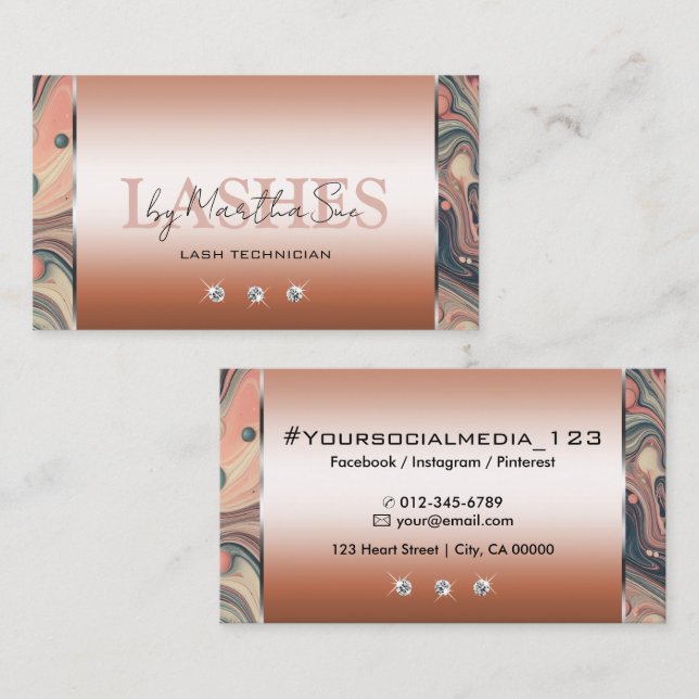 Elegant Rose Gold Noble Marbled with Diamonds Business Card (Front/Back)