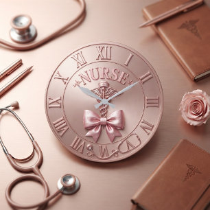 Elegant Rose Gold Nurse Caduceus Bow Medical  Large Clock