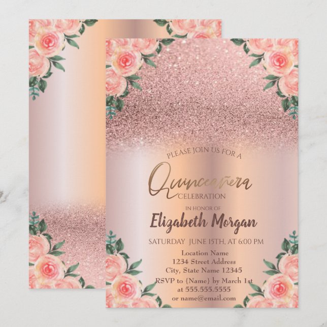 Elegant Rose Gold Ombre Floral Quinceañera Invitation (Front/Back)