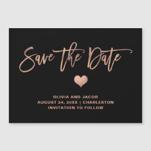 Elegant Rose Gold on Black and Heart Save The Date Magnetic Invitation