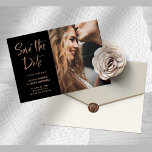 Elegant Rose Gold on Black | Photo Save the Date Announcement Postcard<br><div class="desc">This ultra modern, on-trend photo save the date postcard features a mix of trendy faux rose gold handwritten script typography and slab serif text on a black background. An elegant and simple announcement for your upcoming wedding! You can add one photo to the front, and then another full-bleed photo on...</div>