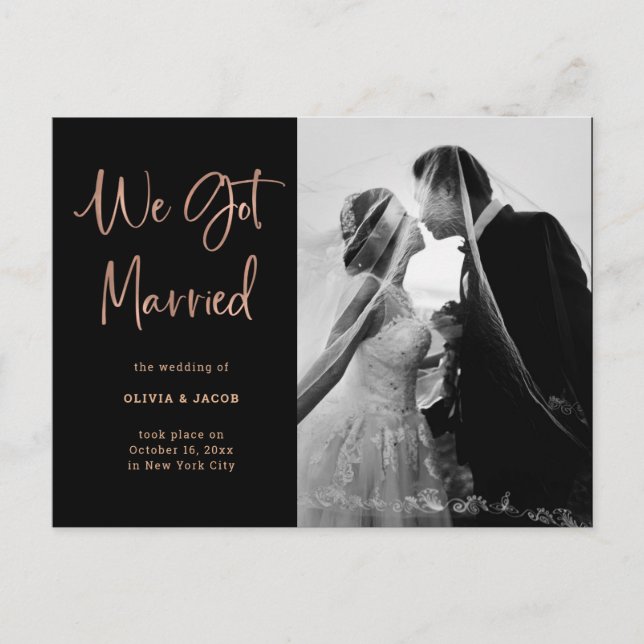 Elegant Rose Gold on Black | Photo Wedding Announcement Postcard (Front)
