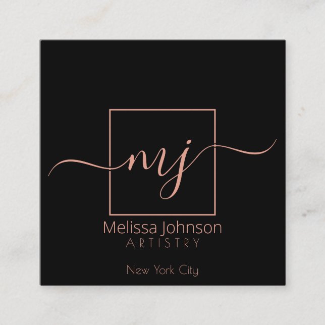 Elegant Rose Gold on Black Square Business Card (Front)
