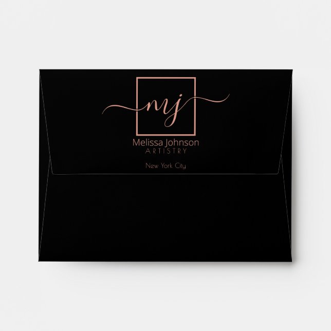 Elegant Rose Gold on Black Square Business  Envelope (Back (Top Flap))