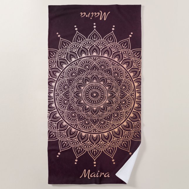 Elegant Rose Gold on Burgundy Floral Henna Mandala Beach Towel (Front)