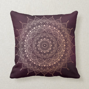 Elegant Rose Gold on Burgundy Floral Henna Mandala Cushion