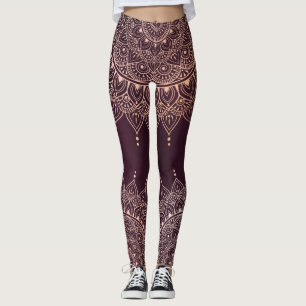 Elegant Rose Gold on Burgundy Floral Henna Mandala Leggings