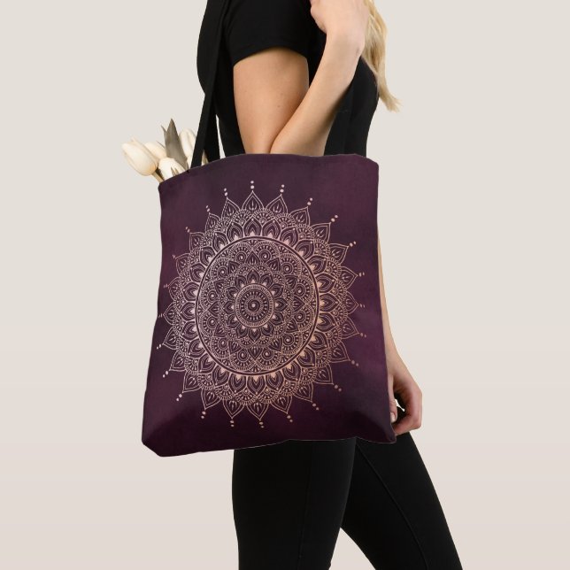 Elegant Rose Gold on Burgundy Floral Henna Mandala Tote Bag (Close Up)