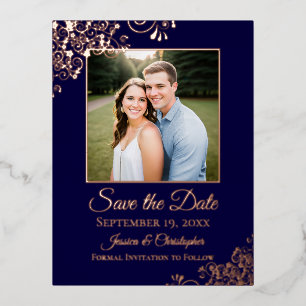 Elegant Rose Gold on Navy Photo Save the Date Foil Invitation Postcard