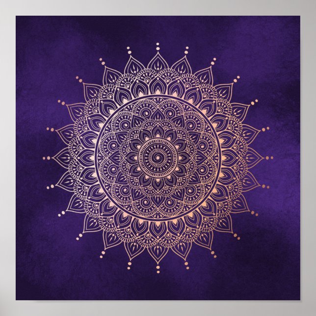 Elegant Rose Gold on Purple Floral Henna Mandala Poster (Front)