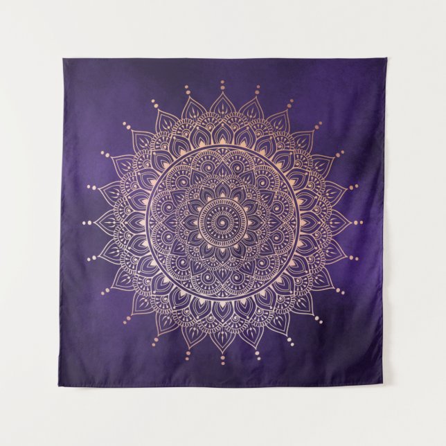 Elegant Rose Gold on Purple Floral Henna Mandala Tapestry (Front)