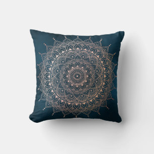 Elegant Rose Gold on Teal Floral Henna Mandala Cushion