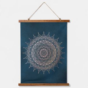 Elegant Rose Gold on Teal Floral Henna Mandala Hanging Tapestry