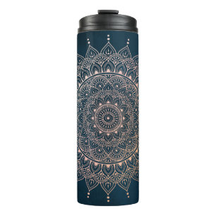 Elegant Rose Gold on Teal Floral Henna Mandala Thermal Tumbler