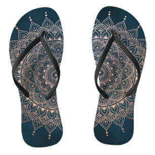 Elegant Rose Gold on Teal Floral Henna Mandala Thongs