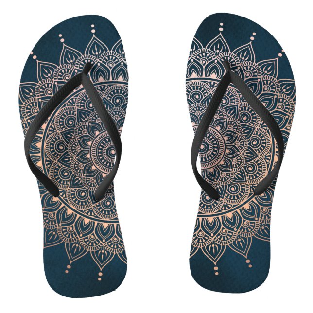 Elegant Rose Gold on Teal Floral Henna Mandala Thongs (Footbed)