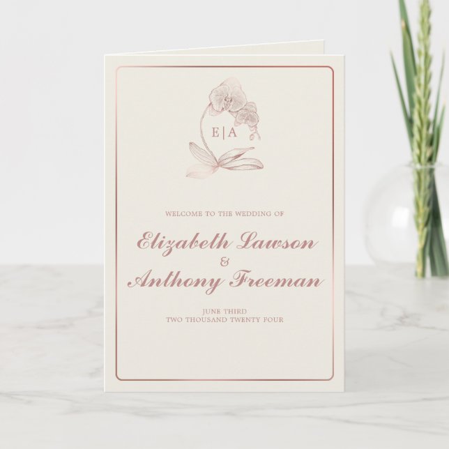 Elegant Rose Gold Orchid Monogram Wedding Ceremony Program (Front)
