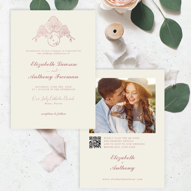 Elegant Rose Gold Orchid Photo QR Code Wedding Invitation (Creator Uploaded)