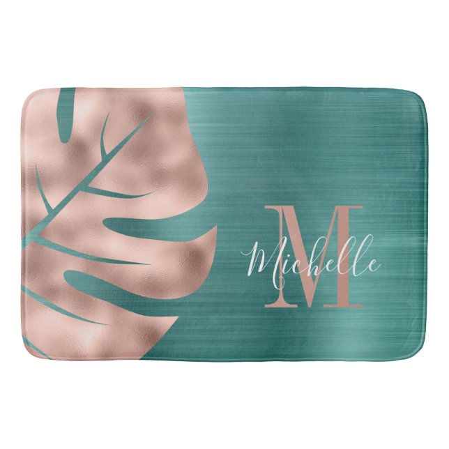 Elegant Rose Gold Palm Green Leaf Monogram Bath Mat (Front)