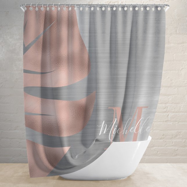 Elegant Rose Gold Palm Leaf Monogrammed Shower Curtain (Creator Uploaded)