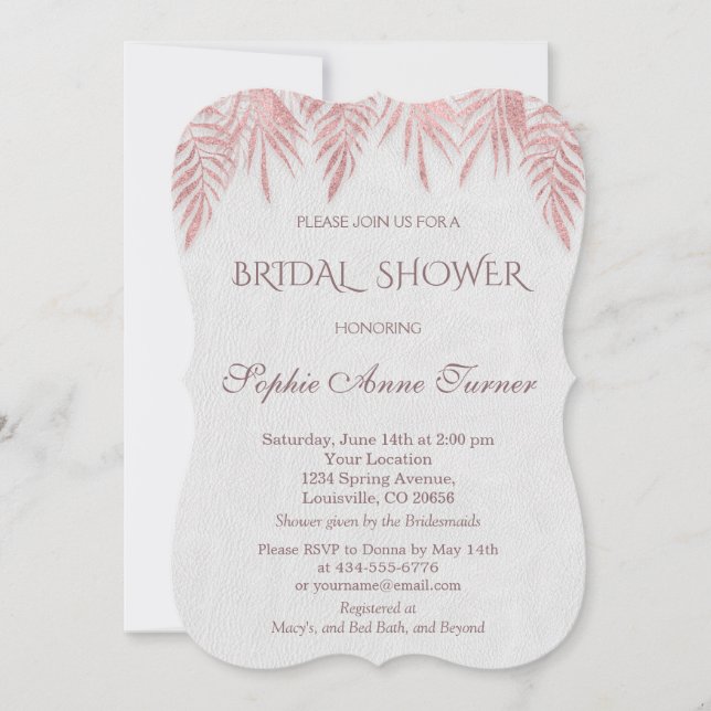 Elegant Rose Gold Palm Leaves Bridal Shower Invitation (Front)