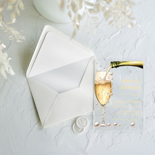 Elegant Rose Gold Pearls & Prosecco Bridal Shower Acrylic Invitations (Creator Uploaded)