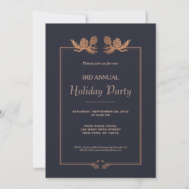 Elegant Rose Gold Pine Cones on Navy Holiday Party Invitation (Front)