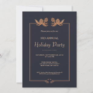 Elegant Rose Gold Pine Cones on Navy Holiday Party Invitation