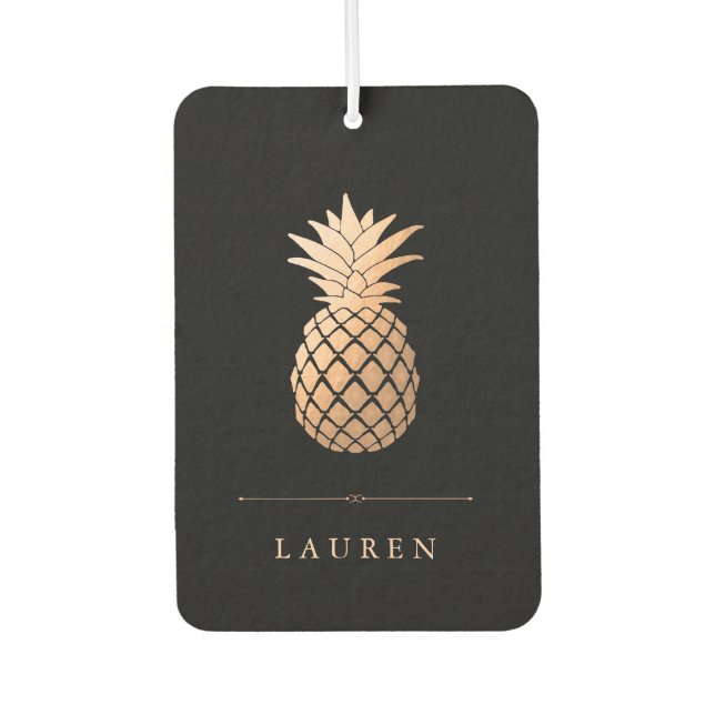 Elegant Rose Gold Pineapple on Black Car Air Freshener (Front)